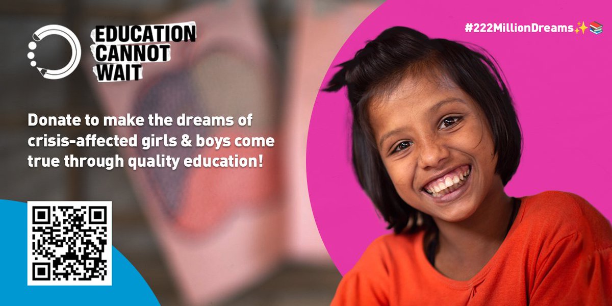 Youth4ECW's tweet image. #EducationCannotWait for any child!

By donating any amount - individuals like YOU - can make a difference &amp;amp; help make the dreams of crisis-affected girls &amp;amp; boys around the world come true!

Thank-YOU for donating whatever you can: educationcannotwait.org/donate 

#222MillionDreams✨📚
