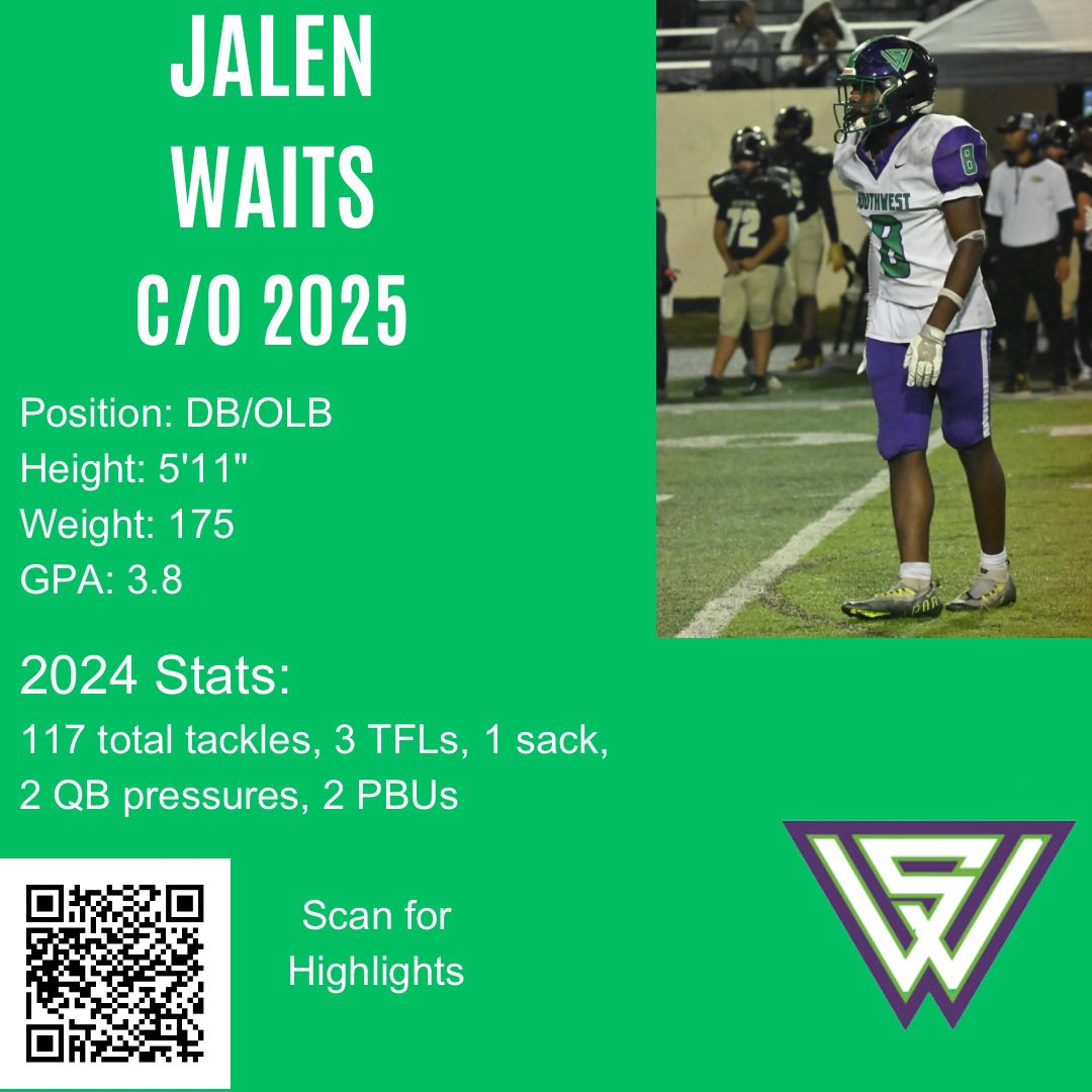 SW_Gryphons_FB's tweet photo. Gryphon recruit of the morning, c/o 2025 DB Jalen Waits.

A safety with a knack for the ball. He’s been in the top 3 for the team in tackling all 3 years. Finished his career with 256 tackles, 7 TFLs, 3 sacks. Can also cover with 3 PBUs. Extremely smart. https://t.co/Whp5pYblAf