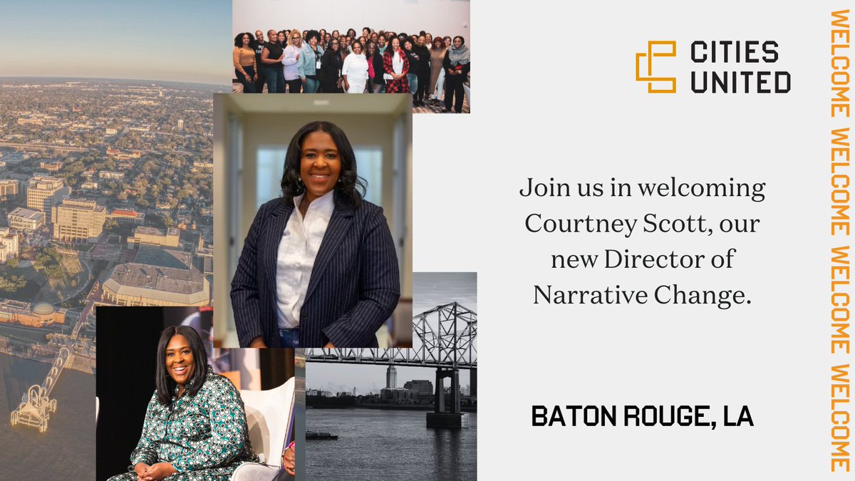 Cities United (@citiesunited) on Twitter photo Join us in welcoming our newest team member, Courtney Scott from Baton Rouge, LA. She is our new Director of Narrative Change and will help us further push the nation to shift their perspective on young Black men & boys & their communities.
Welcome to the team <a href="/watchcourtwork/">watchcourtwork</a>! Join us in welcoming our newest team member, Courtney Scott from Baton Rouge, LA. She is our new Director of Narrative Change and will help us further push the nation to shift their perspective on young Black men & boys & their communities.
Welcome to the team <a href="/watchcourtwork/">watchcourtwork</a>!