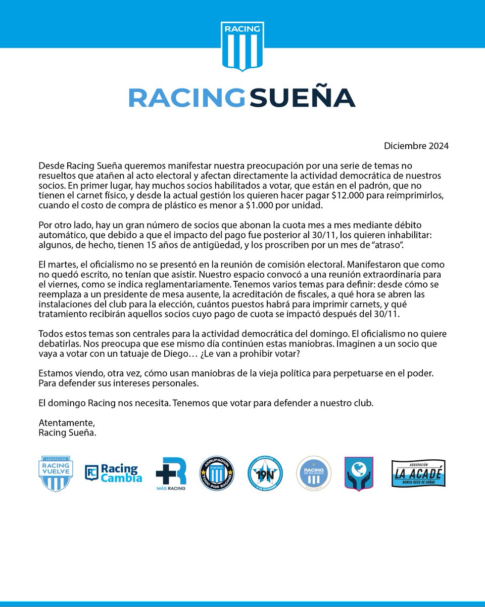 Comunicado de #RacingSueña sobre la fallida reunión de la Comisión Electoral a realizarse en el día de ayer.

El domingo 15, hay que ir a votar.
El domingo, #MilitoPresidente