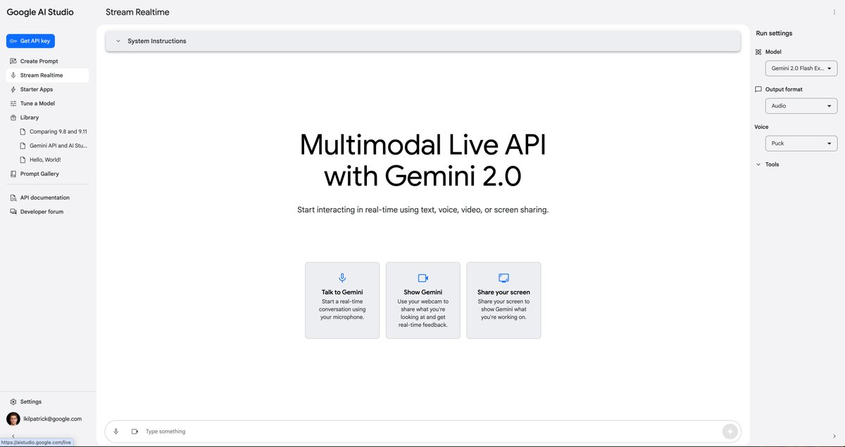 Introducing the new Realtime Multimodal API, powered by Gemini 2.0 Flash! 

You can stream audio, video, and text in, while dynamic tool calls happen in the background (Search, code execution, &amp; function calling). Truly a wild experience, try it right now in AI Studio 🤯