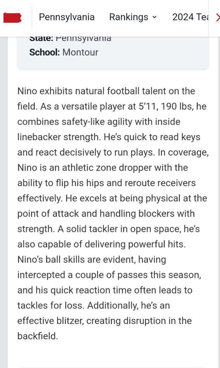 Nino DiMichele (@nino_dimichele) on Twitter photo Still searching for opportunities‼️‼️
5’11” 190 LB/ SAF
200+ career tackles
SENIOR YEAR FILM⬇️⬇️
hudl.com/v/2Q7UfK
WORTH THE WATCH‼️‼️
<a href="/wpialsportsnews/">WPIAL Sportsmen</a> <a href="/WPIAL_Insider/">WPIAL Insider</a>
<a href="/CoachPDeCapito/">Phil DeCapito</a> <a href="/Coach_JCraig/">Jacob Craig</a> <a href="/CoachNVoorhees/">Nick Voorhees</a> <a href="/RoboLeonard/">Anthony Leonard</a> <a href="/CoachDoriaDuq/">Anthony Doria</a> <a href="/AveryHawkins/">Avery Hawkins</a> Still searching for opportunities‼️‼️
5’11” 190 LB/ SAF
200+ career tackles
SENIOR YEAR FILM⬇️⬇️
hudl.com/v/2Q7UfK
WORTH THE WATCH‼️‼️
<a href="/wpialsportsnews/">WPIAL Sportsmen</a> <a href="/WPIAL_Insider/">WPIAL Insider</a>
<a href="/CoachPDeCapito/">Phil DeCapito</a> <a href="/Coach_JCraig/">Jacob Craig</a> <a href="/CoachNVoorhees/">Nick Voorhees</a> <a href="/RoboLeonard/">Anthony Leonard</a> <a href="/CoachDoriaDuq/">Anthony Doria</a> <a href="/AveryHawkins/">Avery Hawkins</a>