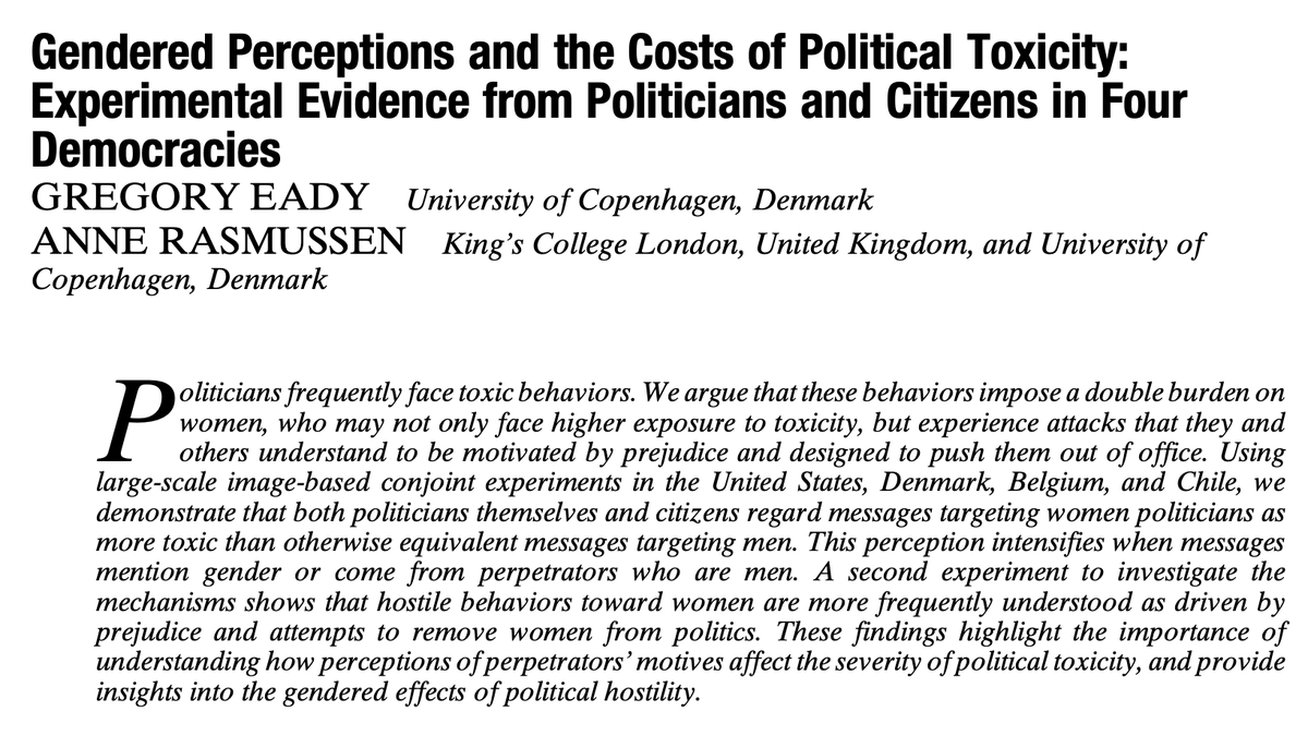 <a href="/GregoryEady/">Gregory Eady</a> &amp; I are delighted our paper "Gendered Perceptions and the Costs of Political Toxicity: Experimental Evidence from Politicians and Citizens in Four Democracies" is now online @APSRjournal (Open access)

More in this [1/14]
