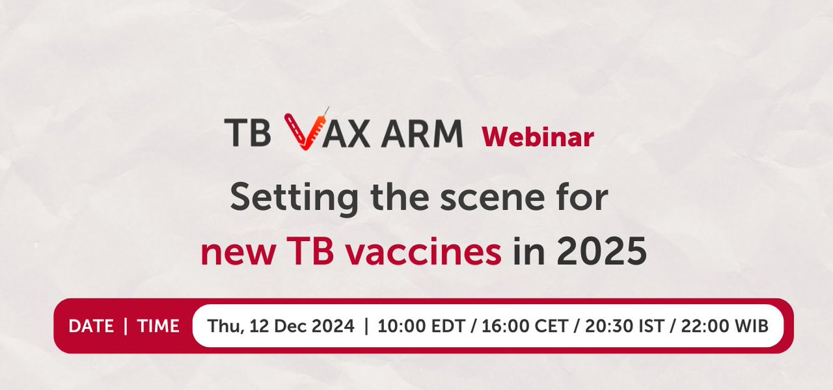 Working Group on New TB Vaccines (@newtbvaccines) on Twitter photo Register for tomorrow's year end TB Vax ARM call for TB vax updates & resources:
🗣️7th <a href="/GlobForumTBVax/">Global Forum on TB Vaccines</a> & <a href="/UnionConference/">The Union Conference</a>
💹TB Research Funding Trends Report 2025
🧳TB vaccine Preparedness Repository
📅Thu 12 Dec 2024
⏰10AM EDT / 4PM CET / 8:30PM IST
🔗bit.ly/TBvaxARMdec24 Register for tomorrow's year end TB Vax ARM call for TB vax updates & resources:
🗣️7th <a href="/GlobForumTBVax/">Global Forum on TB Vaccines</a> & <a href="/UnionConference/">The Union Conference</a>
💹TB Research Funding Trends Report 2025
🧳TB vaccine Preparedness Repository
📅Thu 12 Dec 2024
⏰10AM EDT / 4PM CET / 8:30PM IST
🔗bit.ly/TBvaxARMdec24