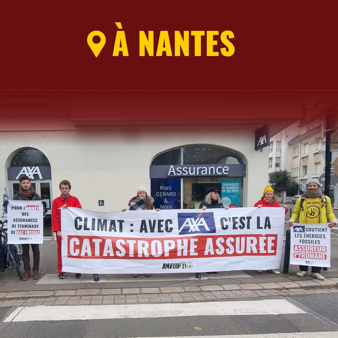 📢 A Bayonne, Nantes, Marseille et Rennes, XX activistes d’ANV-COP21 dénoncent le comportement irresponsable d’<a href="/AXAFrance/">AXA France</a>, qui continue à assurer des projets d'énergies fossiles. 😡

Vous trouvez ça normal ? Nous non plus.👉 don.anv-cop21.org

<a href="/InsOurFuture/">Insure Our Future</a> <a href="/xrcarnagetotal/">Carnage Total</a>