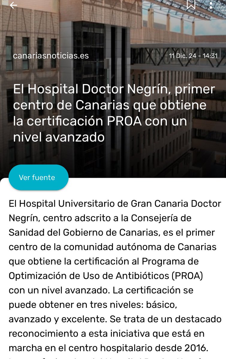 El Hospital Universitario de Gran Canaria Dr Negrin se convierte en el PRIMER hospital de Canarias 🇮🇨🏥 en obtener certificado de calidad PROA AVANZADO  (programa de optimización del uso de antimicrobianos) 

Este protocolo es esencial para combatir la resistencia bacteriana y