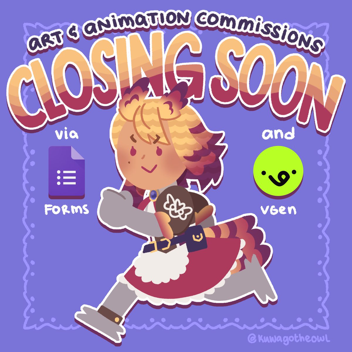 KuwaGoTheOwl's tweet photo. ⏳ C🎨MMS CLOSING SOON! ⏳
I'll be closing c0mms on Dec 16~Jan 6 MT. That's like, in 5 days! I'll also be raising my c0mm prices a bit due to demand when I open again 💛

If wanna get art/animation from me, please fill up a Request Form now &amp; go tell your friends! https://t.co/H5h5MRqmJW