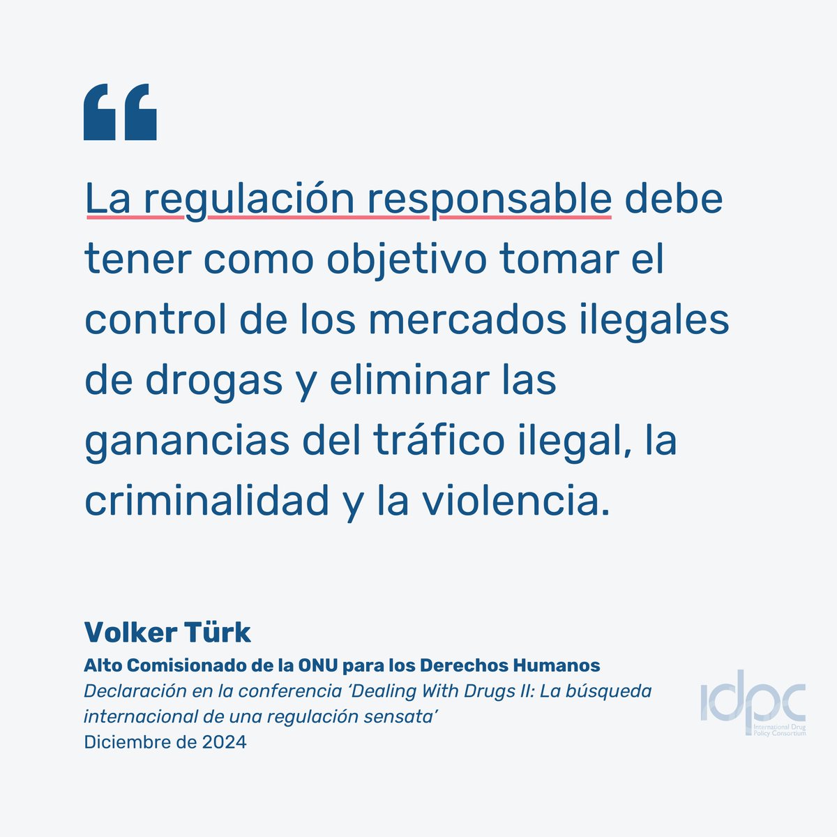 El Alto Comisionado de Derechos Humanos de la ONU, <a href="/volker_turk/">Volker Türk</a>, condenó el impacto de la "guerra contra las drogas" en la salud y la seguridad, llamando a la descriminalización, el acceso voluntario a servicios y la regulación legal. idpc.net/es/news/2024/1…