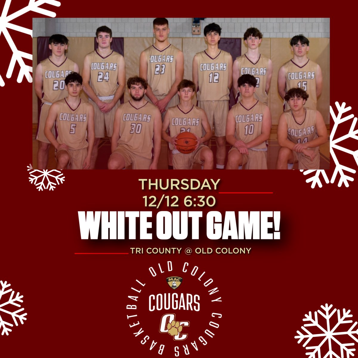Come on out to the season opener and join us in this huge whiteout game!  Senior Captain Max Finney goes for 1,000 points. BIG NIGHT IN THE CAGE!