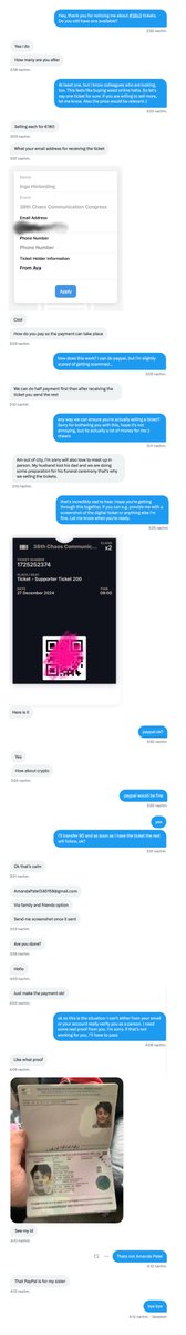 Be cautious, scammers are out there trying to sell you #38c3 tickets. <a href="/Mia_03378/">_🫂💕</a> is one of them (click on image for longer conversation).
