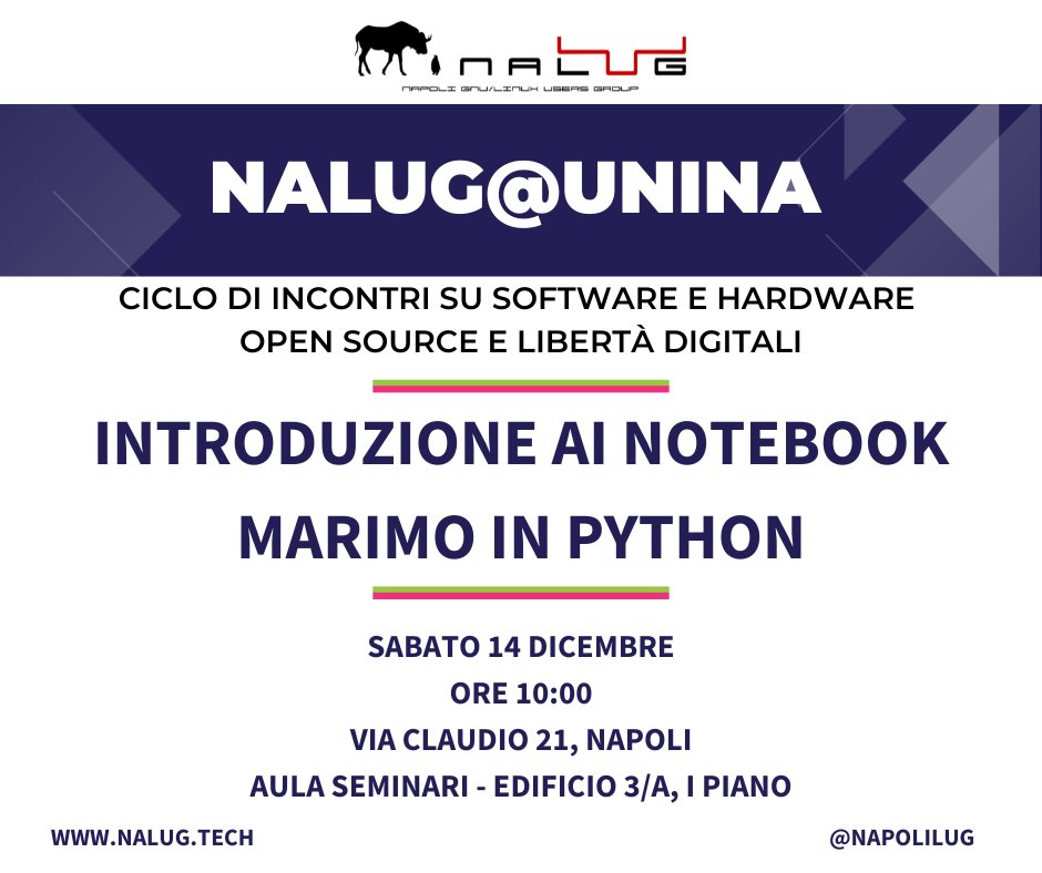 Sabato 14 dicembre si terrà l’incontro dalle ore 10:00 presso l’Aula Seminari del Dipartimento di Ingegneria Elettrica e Tecnologie dell’Informazione dell’Università Federico II in Via Claudio 21 – Edificio 3/A, I Piano
nalug.tech/nalugunina-sab…
#marimo #opensource #python