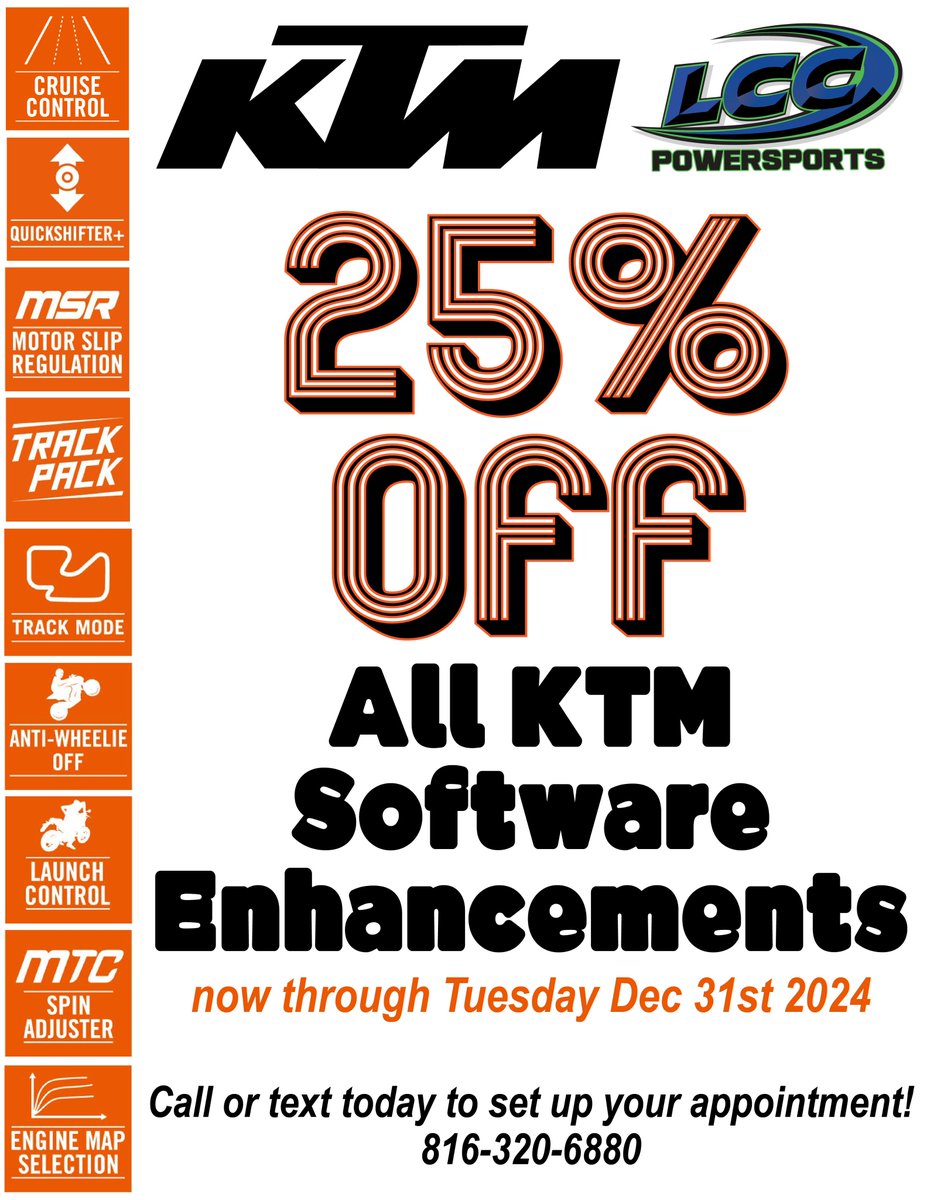 25% off all KTM software enhancements through the end of the year!  Call or text to set up your appointment today!  816.320.6880
#ridelcc #ktm #readytorace #softwareenhancement