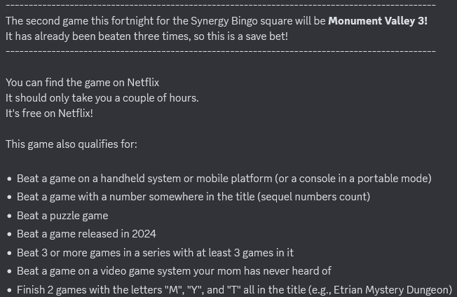 vayar45's tweet photo. The second game this time for @polykill Bingo's Synergy square is:

Monument Valley 3! https://t.co/8hm69qd0DJ