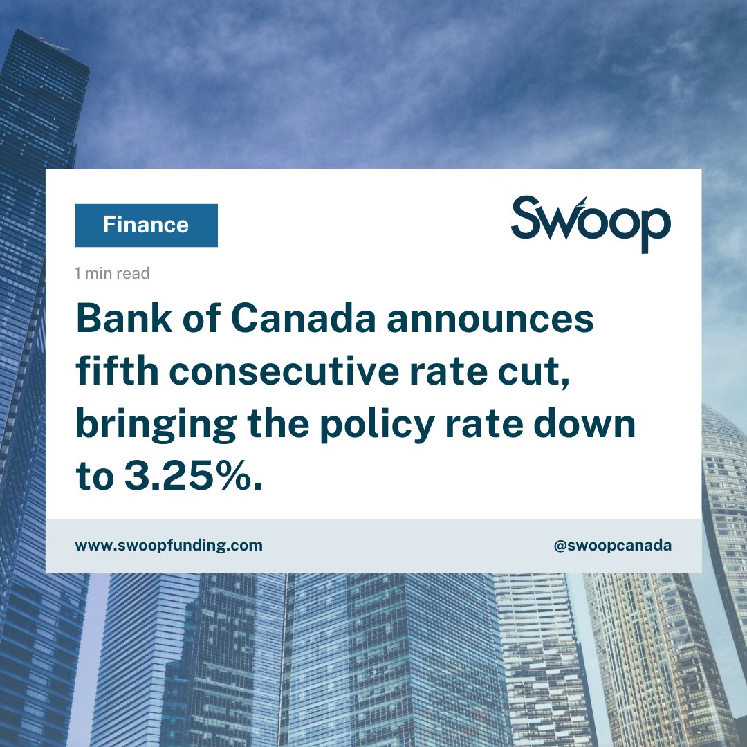 This morning, the Bank of Canada announced the fifth consecutive interest rate cut of the year, lowering the policy rate by 50 basis points to 3.25%. 📉

Explore your options today 👉bit.ly/4gs2K3V 

#Swoop #Fintech #News #BoCRateCut #BankofCanada