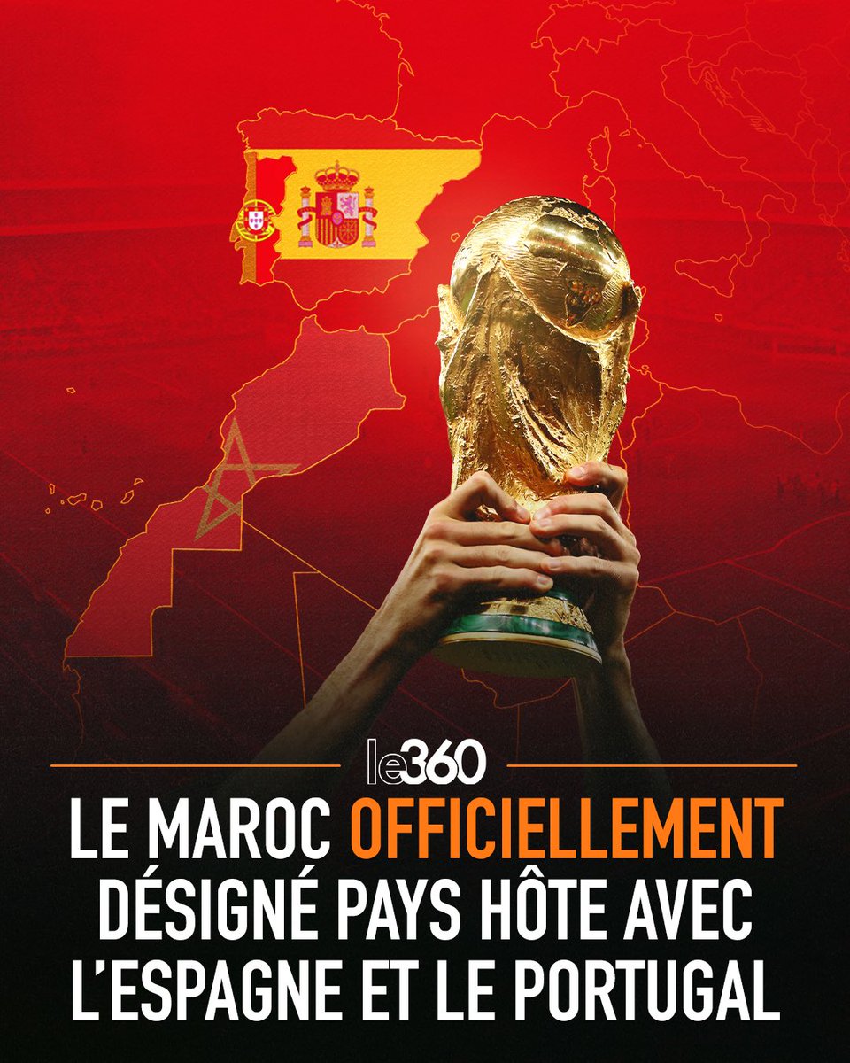 Le360fr's tweet photo. 🇲🇦🇪🇸🇵🇹 FLASH - Historique ! La FIFA a officiellement attribué ce mercredi l’organisation de la Coupe du Monde 2030 au Maroc, à l’Espagne et au Portugal.

Les 211 fédérations membres ont approuvé cette décision par acclamation. https://t.co/TbBrXBVJ5z