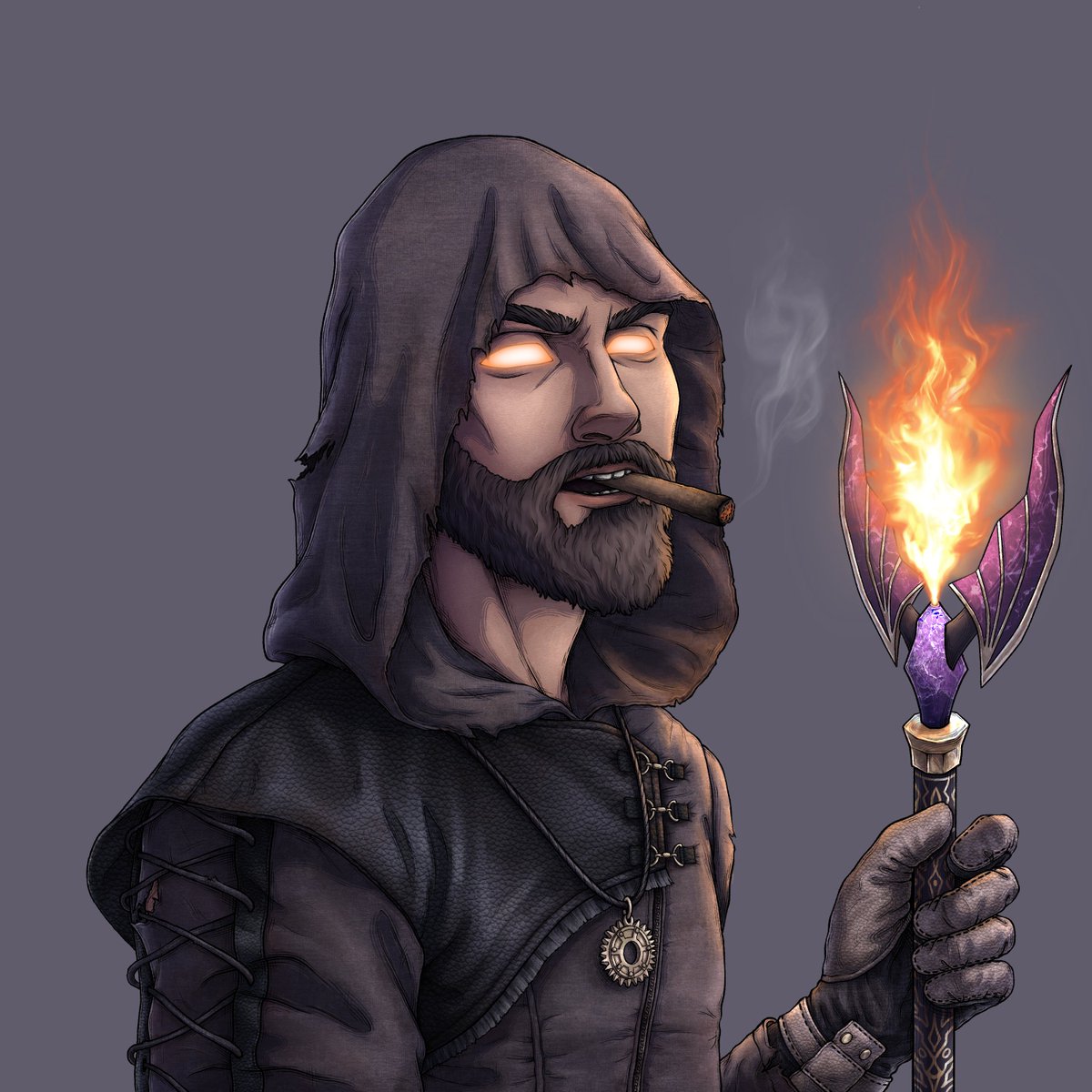 Power Grinders #41 HAS BEEN MINTED!
Name: The Infernal Keeper🔥
Owner: <a href="/evokeinsol/">Evokein</a> 
Artist: <a href="/Trippsoul_NFT/">𝕋𝕣𝕚𝕡𝕡</a>

Lore:
In the ruins of the old world, he moves as a symbol of enigmatic power. Cloaked in a worn black hood, his sharp eyes burn behind the steady ember of a cigar. His