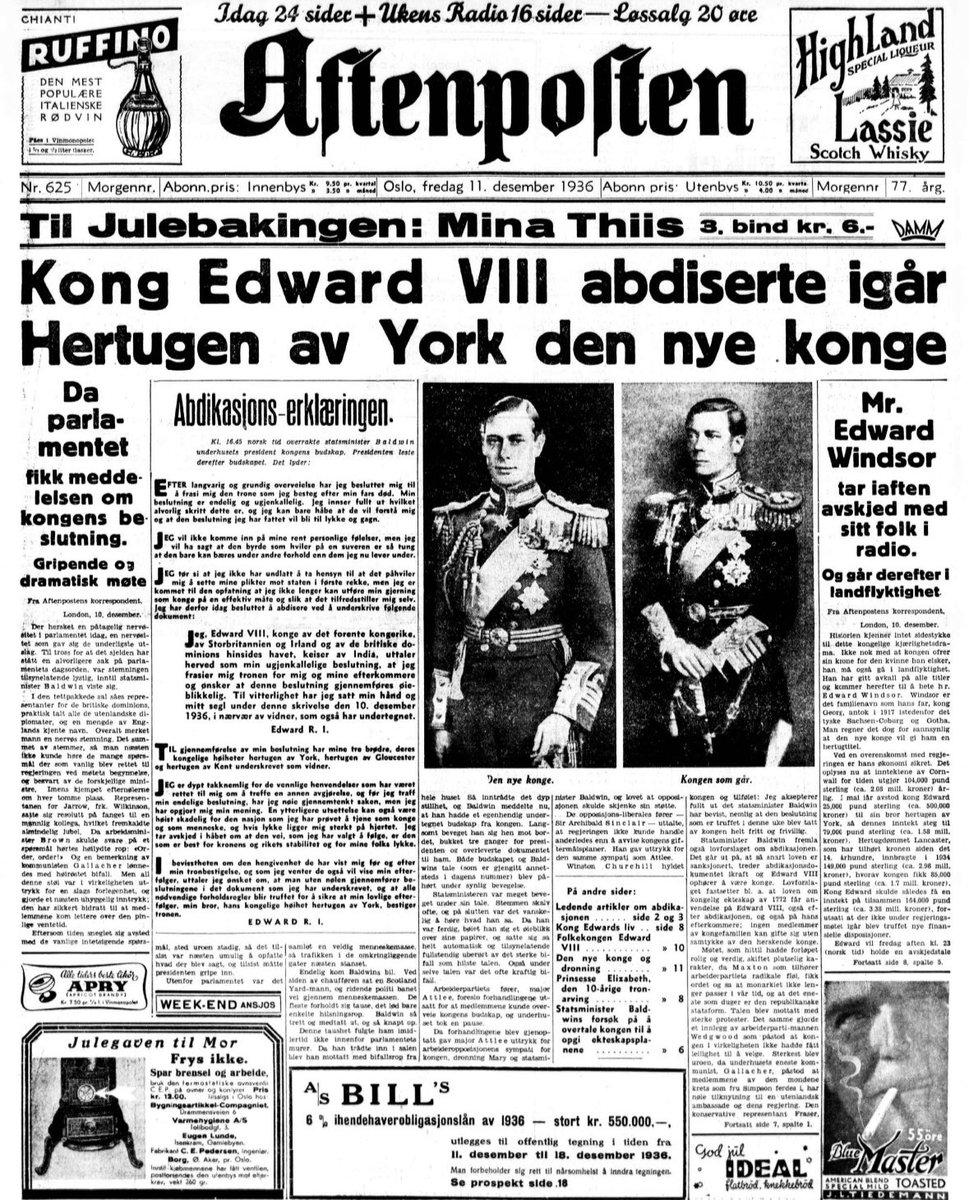 Aftenposten arkiv (@aftarkiv) on Twitter photo Kong Edward VIII abdiserte igår. Hertugen av York den nye konge. Fra <a href="/Aftenposten/">Aftenposten</a> #pådennedag 1936. #royals #royal #UK Kong Edward VIII abdiserte igår. Hertugen av York den nye konge. Fra <a href="/Aftenposten/">Aftenposten</a> #pådennedag 1936. #royals #royal #UK