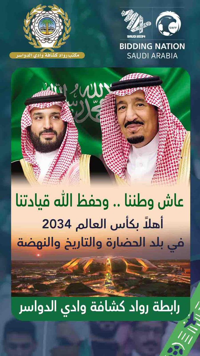عاش وطننا 
وحفظ الله قيادتنا 

أهلاً بكأس العالم ٢٠٣٤  في بلد الحضارة والتاريخ والنهضة

#ترشح_السعودية2034 #معًا_ننمو