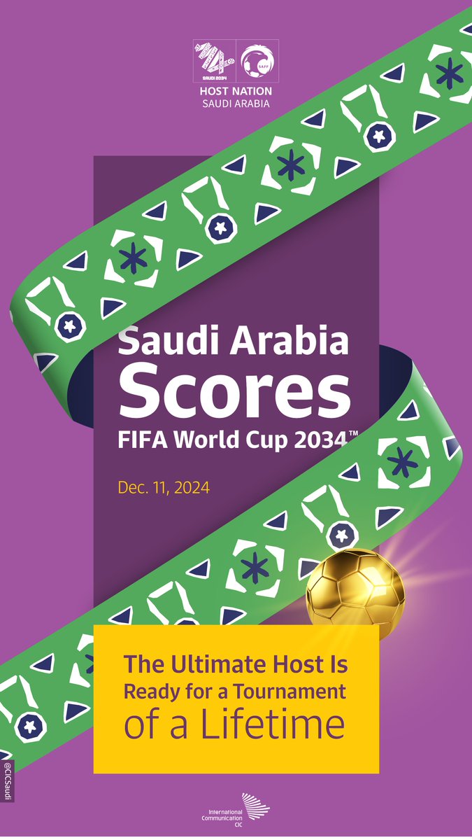 CICSaudi's tweet photo. It’s been officially announced… #SaudiArabia will be hosting an unprecedented edition of the FIFA World Cup 2034TM. #WelcomeToSaudi34 #GrowingTogether #Saudi34 https://t.co/AtGAiRvRLM