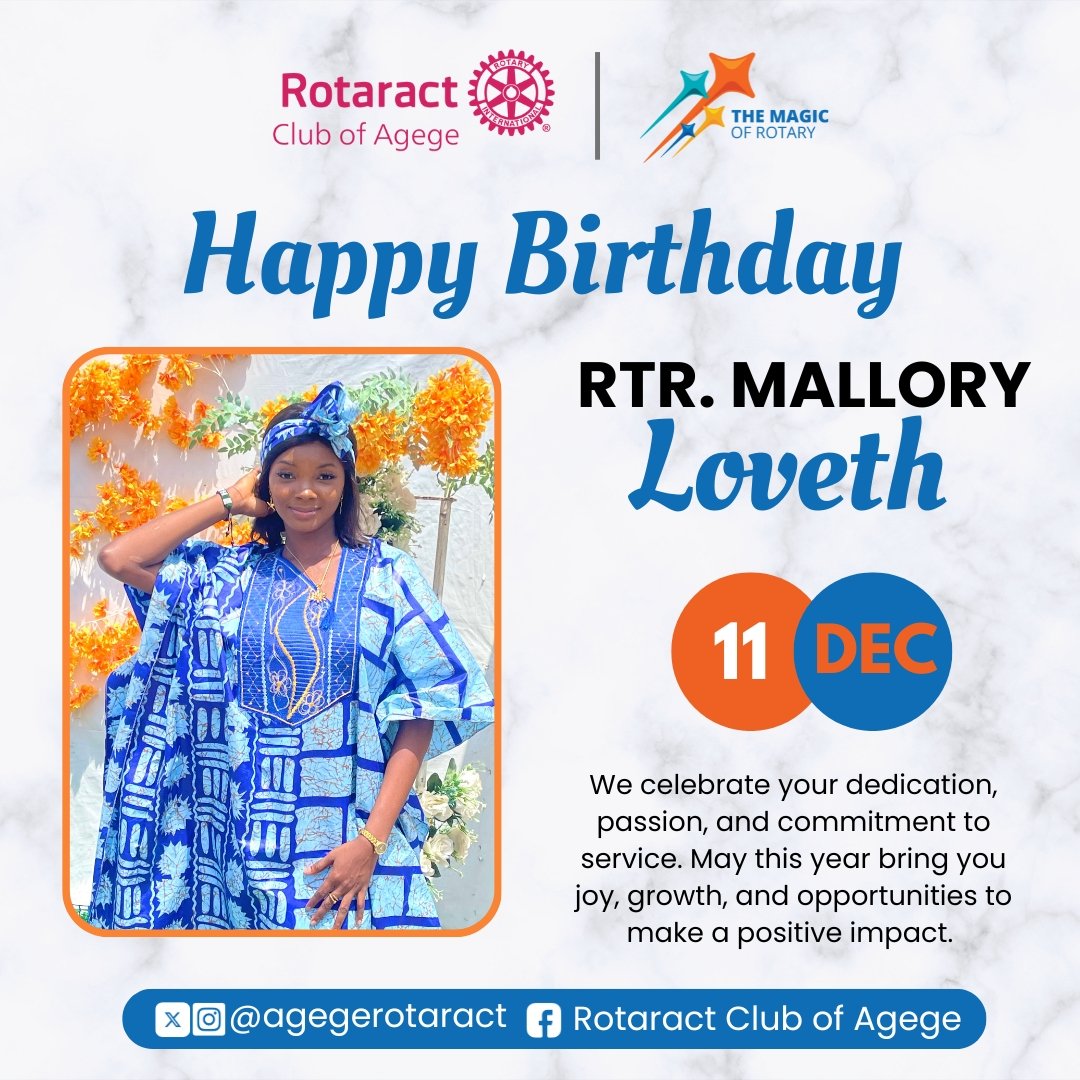AgegeRotaract's tweet photo. 🎉 Happy Birthday Rtr. Loveth!  🎉

On this special day, we celebrate you—your unique essence, kindness, and contributions to our Rotaract family. May your year ahead be filled with joy, success, and all the happiness you deserve. https://t.co/d5dqbITbTp