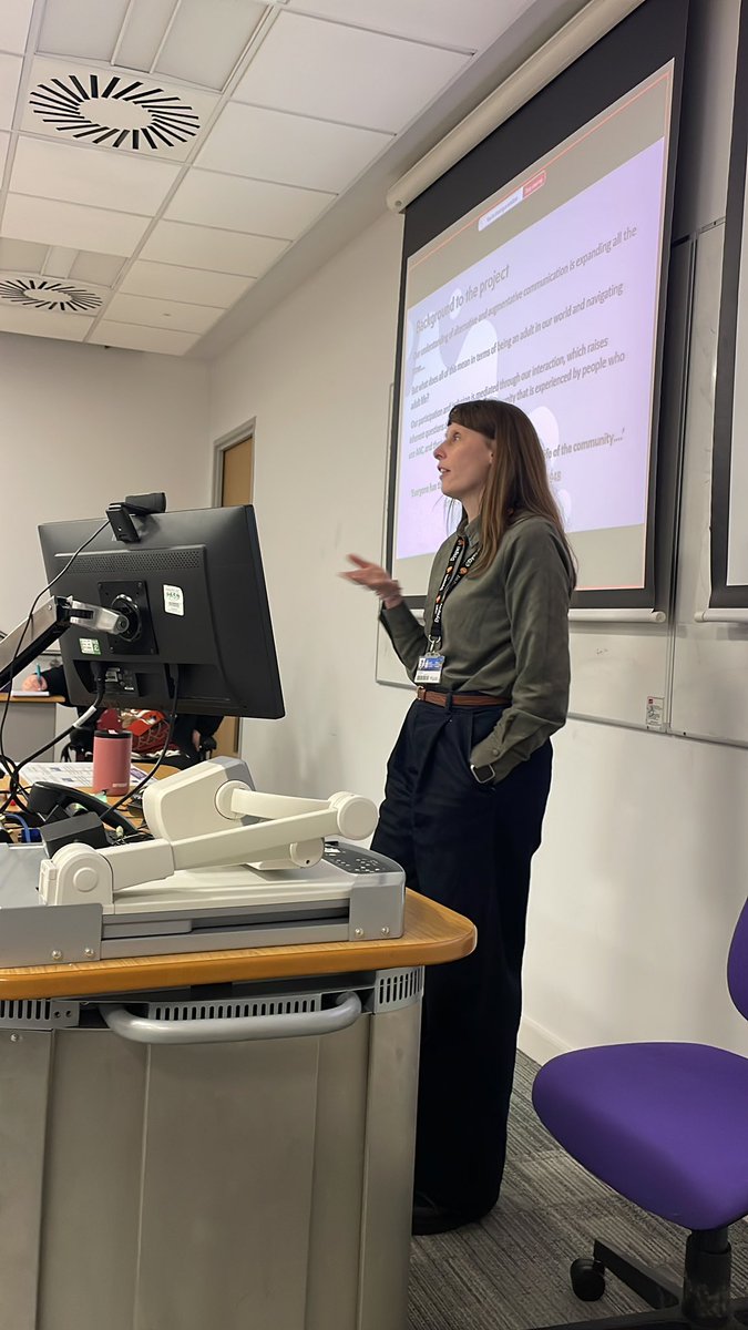KathBroomfield's tweet photo. Programme director @cardiffmet BSc speech therapy course and PhD researcher @RiaBayliss sharing her study exploring the lived experience of adults who us #aac #augcomm.
Ria is interested in the ‘so what?’ of AAC - and how this learning can influence practice
@CSHCR_CMet https://t.co/brVc07tJxN