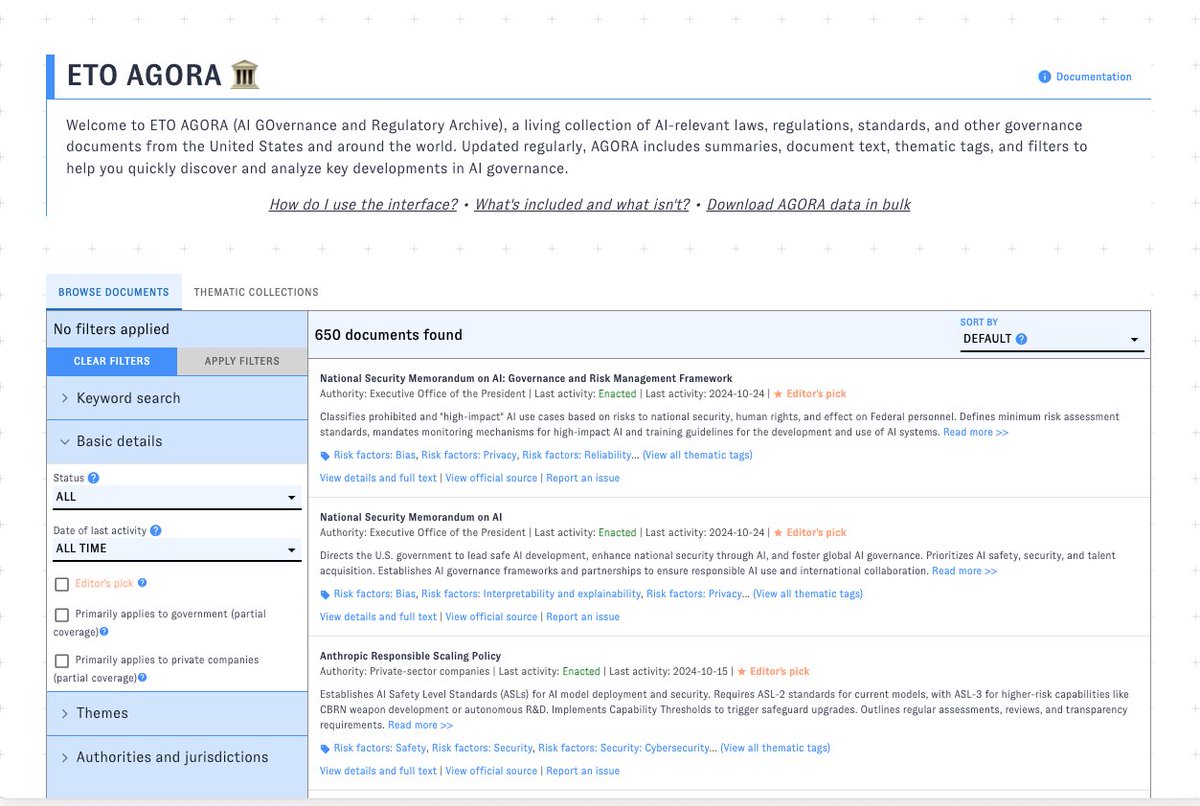 ✨🏛️New interactive tool🏛️✨

Use the latest <a href="/emergingtechobs/">Emerging Technology Observatory</a> resource to track AI governance from D.C. to Beijing. 

ETO AGORA is a living collection of AI-relevant laws, regulations, standards, and other governance documents from the U.S. and around the world 🌎