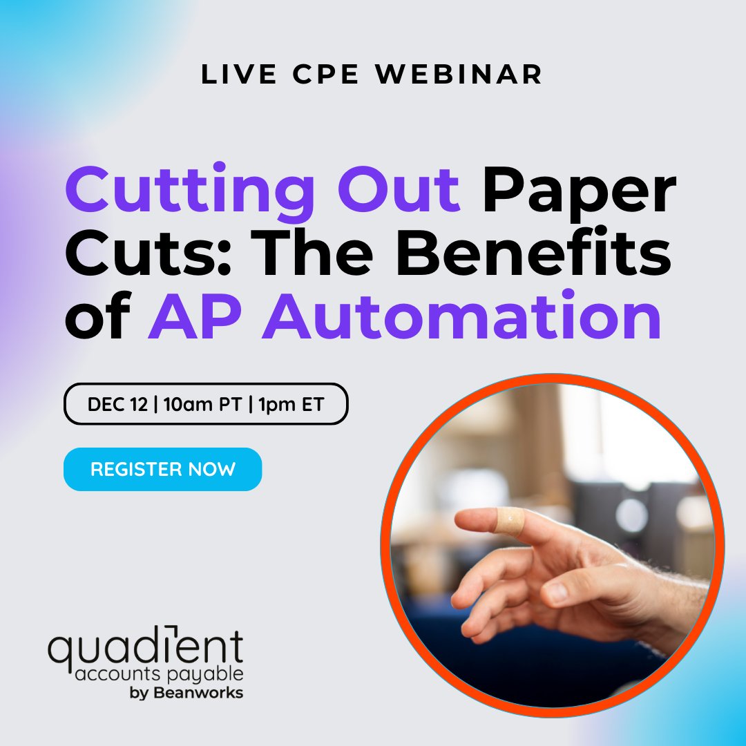 Manual processes slow you down—AP automation propels you forward ✨. Join us for the Cutting Out Paper Cuts webinar to learn how automation can simplify your workflows and save money.

Reserve your spot now! ap.quadient.com/paper-cuts-web…

#CPECredit #CPEWebinar #FreeCPECredit #CPE #AP