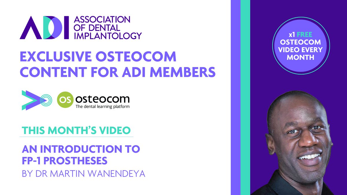 ADI_dental's tweet image. Exciting news for ADI members! Unlock exclusive access to Osteocom's FREE video lecture, "Introduction to FP-1 Prostheses" by Dr Martin Wanendeya! Discover full-arch rehabilitation techniques, treatment protocols &amp;amp; the benefits of FP-1 vs FP-3. #ADICommunity #Dentistry