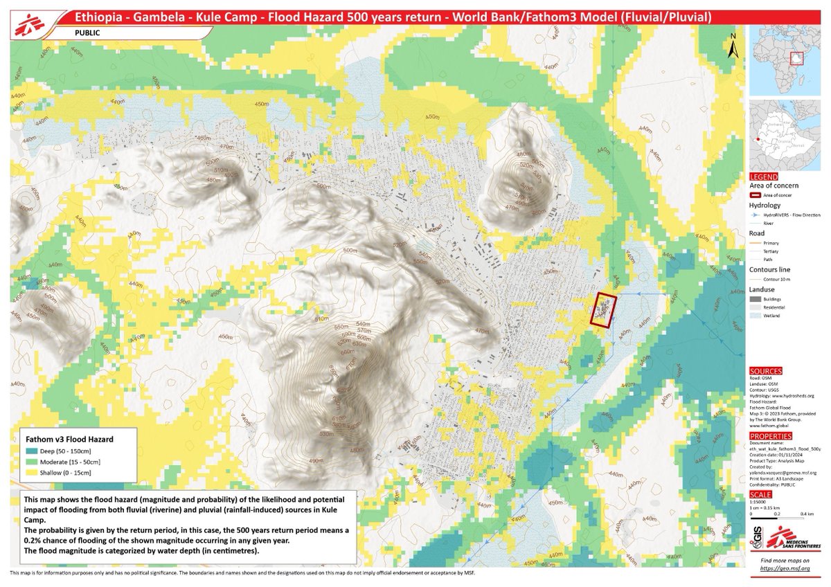 🗺️ Take a look at the recently produced maps of Kule Camp in Ethiopia! These maps were created following the @msf Missing Maps campaign and you can see how they evolve based on different flood hazard return periods!