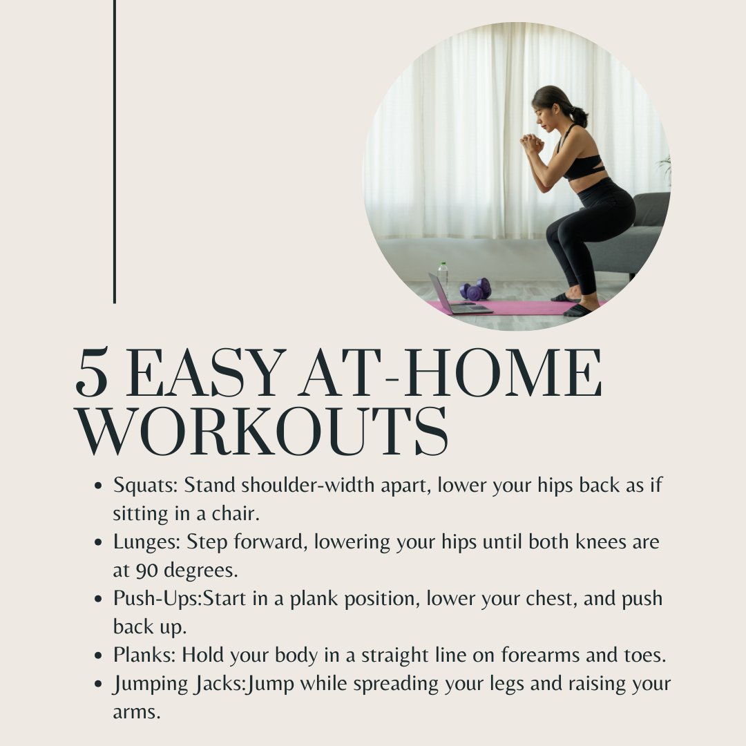 SF_FatLoss's tweet photo. Get Moving at Home! Here are 5 easy at-home workouts:
1.Squats: 
2.Lunges: 
3.Push-Ups: 
4.Planks: 
5.Jumping Jacks: 

No gym? No problem! Let’s get fit together! 🤩

#AtHomeWorkouts #FitnessJourney #StayActive #WorkoutTips https://t.co/zg00ZiJ7yh