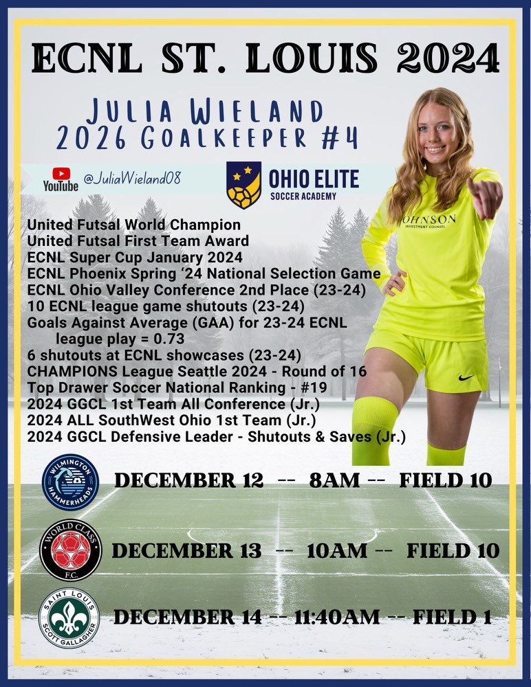 Julia Wieland - 2026 GK 🧤 (@juliawieland08) on Twitter photo Traveling to St. Louis for the ECNL Showcase! Super excited to be participating and playing against tough competition. Hope to see you there! ⚽️🧤<a href="/LouisvilleWSOC/">Louisville Women's Soccer</a> <a href="/catamountsoccer/">Western Carolina Soccer</a> <a href="/FGCU_WSoccer/">FGCU Women's Soccer</a> <a href="/CharlotteWSoc/">Charlotte Women's Soccer</a> <a href="/SLUWSoccer/">Saint Louis Women's Soccer</a> @EKU_Soccer <a href="/CoastalWSoccer/">Coastal Women's Soccer</a>
Check out my schedule⬇️ Traveling to St. Louis for the ECNL Showcase! Super excited to be participating and playing against tough competition. Hope to see you there! ⚽️🧤<a href="/LouisvilleWSOC/">Louisville Women's Soccer</a> <a href="/catamountsoccer/">Western Carolina Soccer</a> <a href="/FGCU_WSoccer/">FGCU Women's Soccer</a> <a href="/CharlotteWSoc/">Charlotte Women's Soccer</a> <a href="/SLUWSoccer/">Saint Louis Women's Soccer</a> @EKU_Soccer <a href="/CoastalWSoccer/">Coastal Women's Soccer</a>
Check out my schedule⬇️
