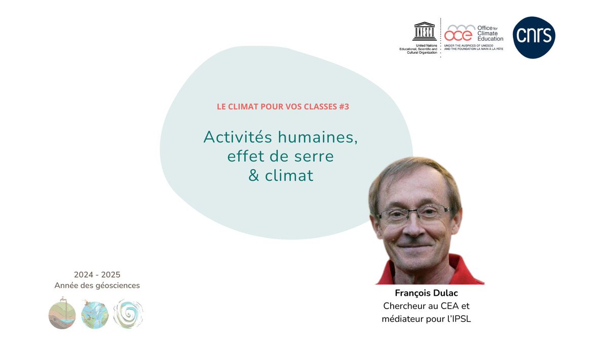 Enseignants, vous avez manqué le dernier webinaire de la série #LeClimatPourVosClasses sur "Activités humaines, effet de serre et climat" avec François Dulac ?
 
𝐋𝐞 𝐫𝐞𝐩𝐥𝐚𝐲 𝐞𝐬𝐭 𝐝𝐢𝐬𝐩𝐨 !

🎬 youtu.be/lE0xCf7QO4o

#AnneeDesGeosciences