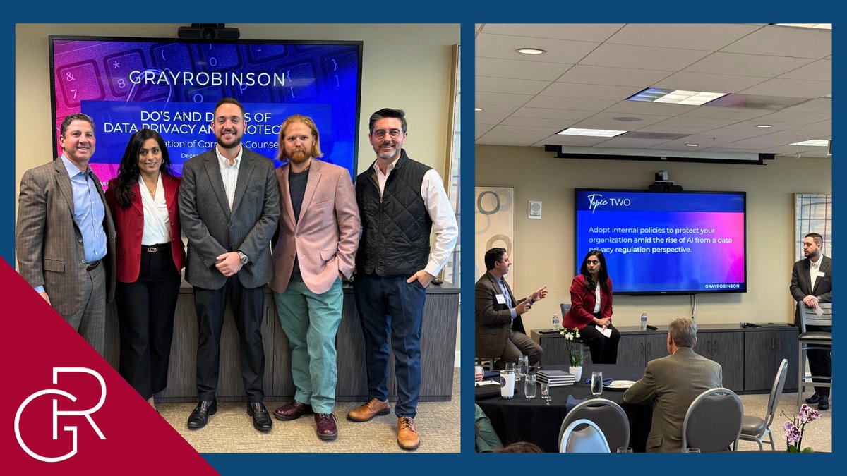grayrobinsonlaw's tweet photo. Last week, we had the privilege of presenting for the @ACCinhouse on the "Do’s and Don’ts" of Data Privacy and Protection. #GRAttorneys @FloridaTechLaw, @RupaLloyd, and @DBAllen_ covered key topics like aligning privacy policies with global regulations, managing AI-related risks, and preparing for potential data breaches. A big thank you to everyone who joined and engaged in the discussion!

https://t.co/IaCfUNiUCr

#GRsponsor #DataPrivacy #CorporateCompliance