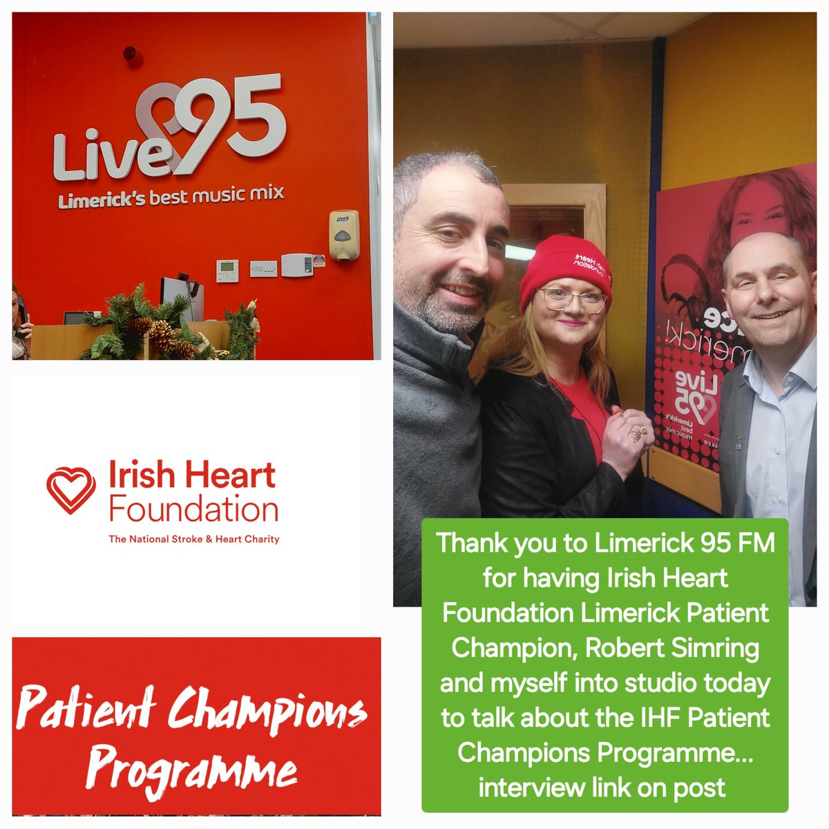 Pauline O'Shea (@posheaihf) on Twitter photo A pleasure to share a studio with <a href="/Irishheart_ie/">Irish Heart Foundation</a> #Limerick #PatientChampion <a href="/RobertSimring/">Robert Simring</a> and Limerick's <a href="/Live95fmNews/">Live95 News</a> #JoeNash to talk about our Patient Champion Programme. Radio interview link here shows.acast.com/60b372fb-6c93-…
For more on Programme see irishheart.ie/patientchampio… A pleasure to share a studio with <a href="/Irishheart_ie/">Irish Heart Foundation</a> #Limerick #PatientChampion <a href="/RobertSimring/">Robert Simring</a> and Limerick's <a href="/Live95fmNews/">Live95 News</a> #JoeNash to talk about our Patient Champion Programme. Radio interview link here shows.acast.com/60b372fb-6c93-…
For more on Programme see irishheart.ie/patientchampio…