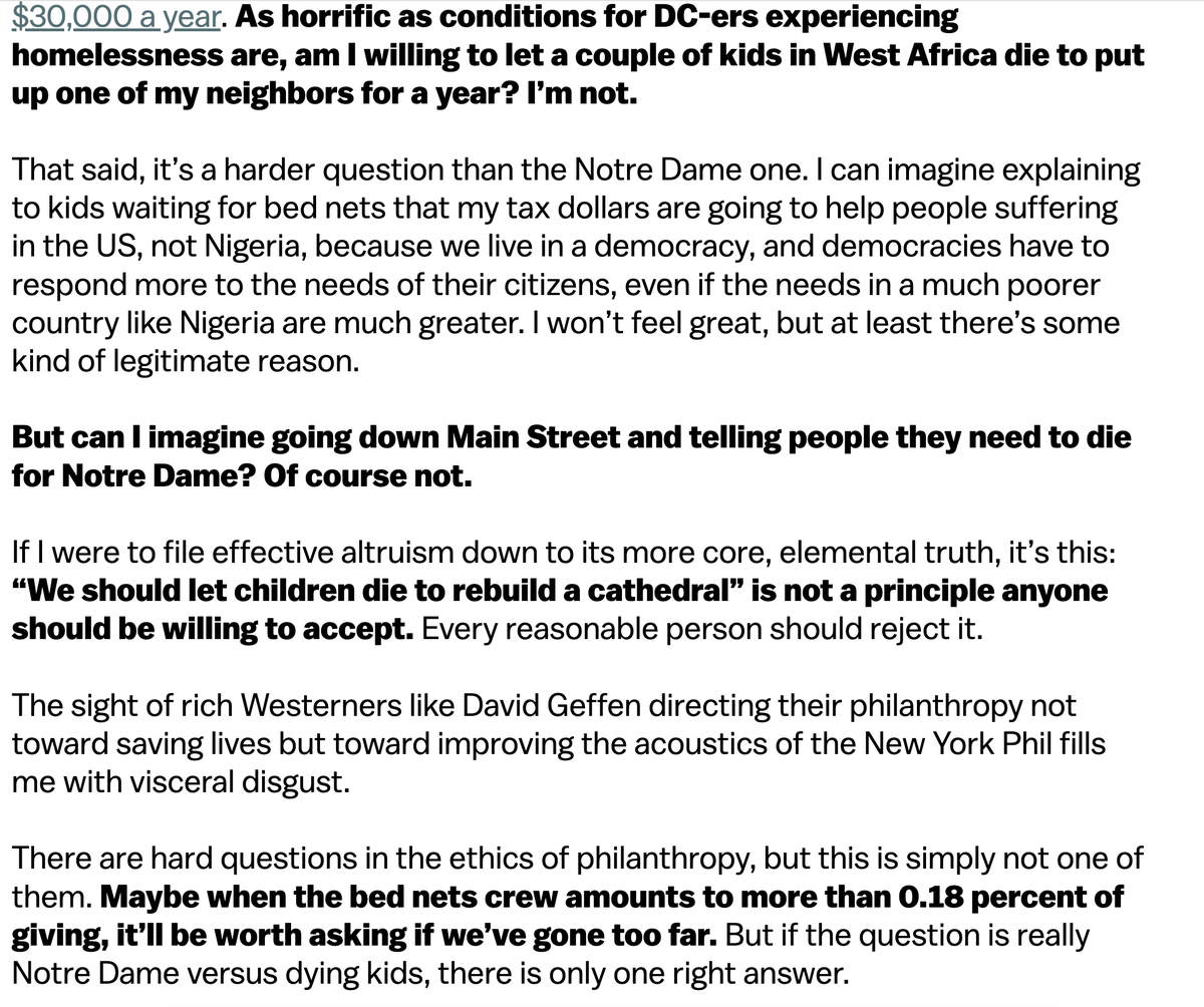 zdgroff's tweet photo. Banger quote from @dylanmatt:

"If I were to file effective altruism down to its more core, elemental truth, it’s this: “We should let children die to rebuild a cathedral” is not a principle anyone should be willing to accept." https://t.co/M6FWRhKxQT
