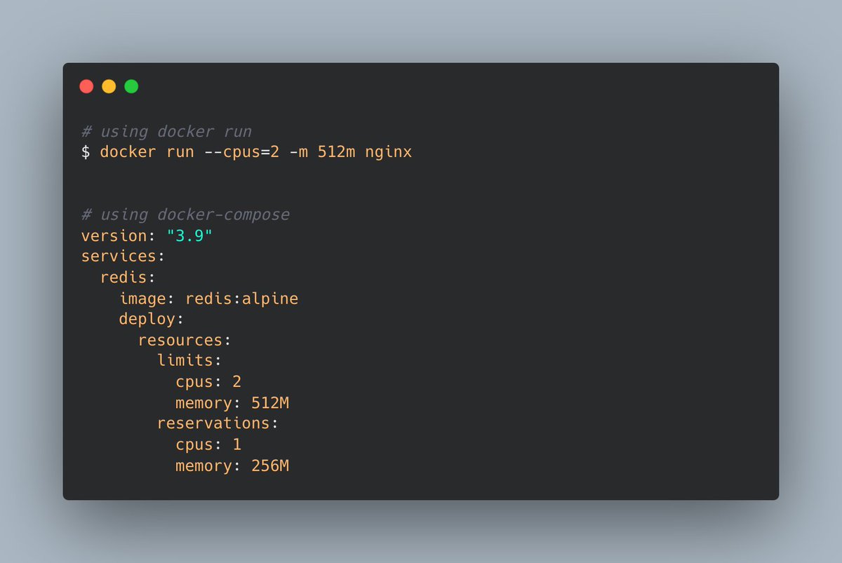 testdrivenio's tweet photo. Docker best practice:  

Limit CPU and memory for your containers to prevent crippling the rest of the containers on the machine. 

👇 https://t.co/YDP4AqtNRu