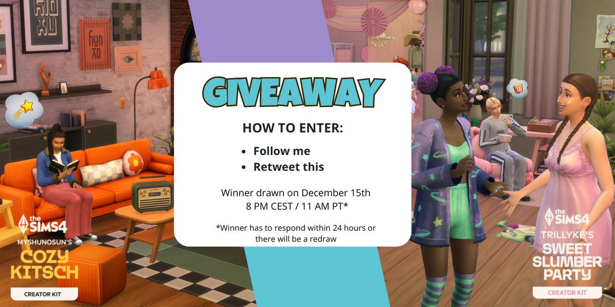 Ninnster00's tweet image. ✨Giveaway✨

I'm giving away a copy of #CozyKitschKit AND #SweetSlumberPartyKit to ONE lucky winner! (EA App only) 

Follow the rules as described below and good luck!

Winner drawn on December 15th ✨   

Made possible thanks to the #EACreatorNetwork 

#Ad #EAPartner #Giveaway