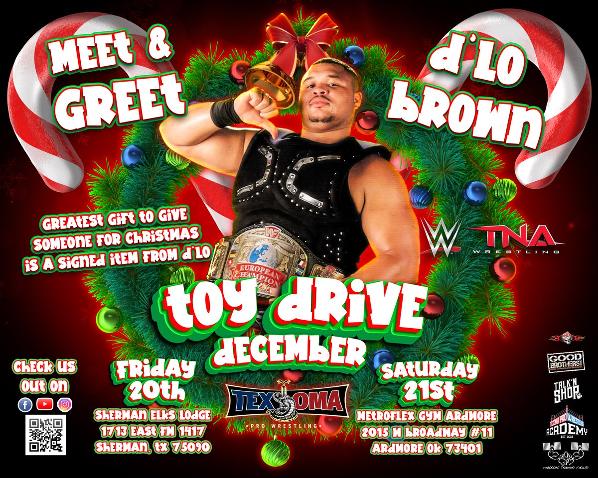 Come early next Friday and Saturday for a special meet and greet with former WWE star Dlo Brown! No extra cost!!! Texoma Pro wants to give back to its fans with this absolutely FREE meet and greet!