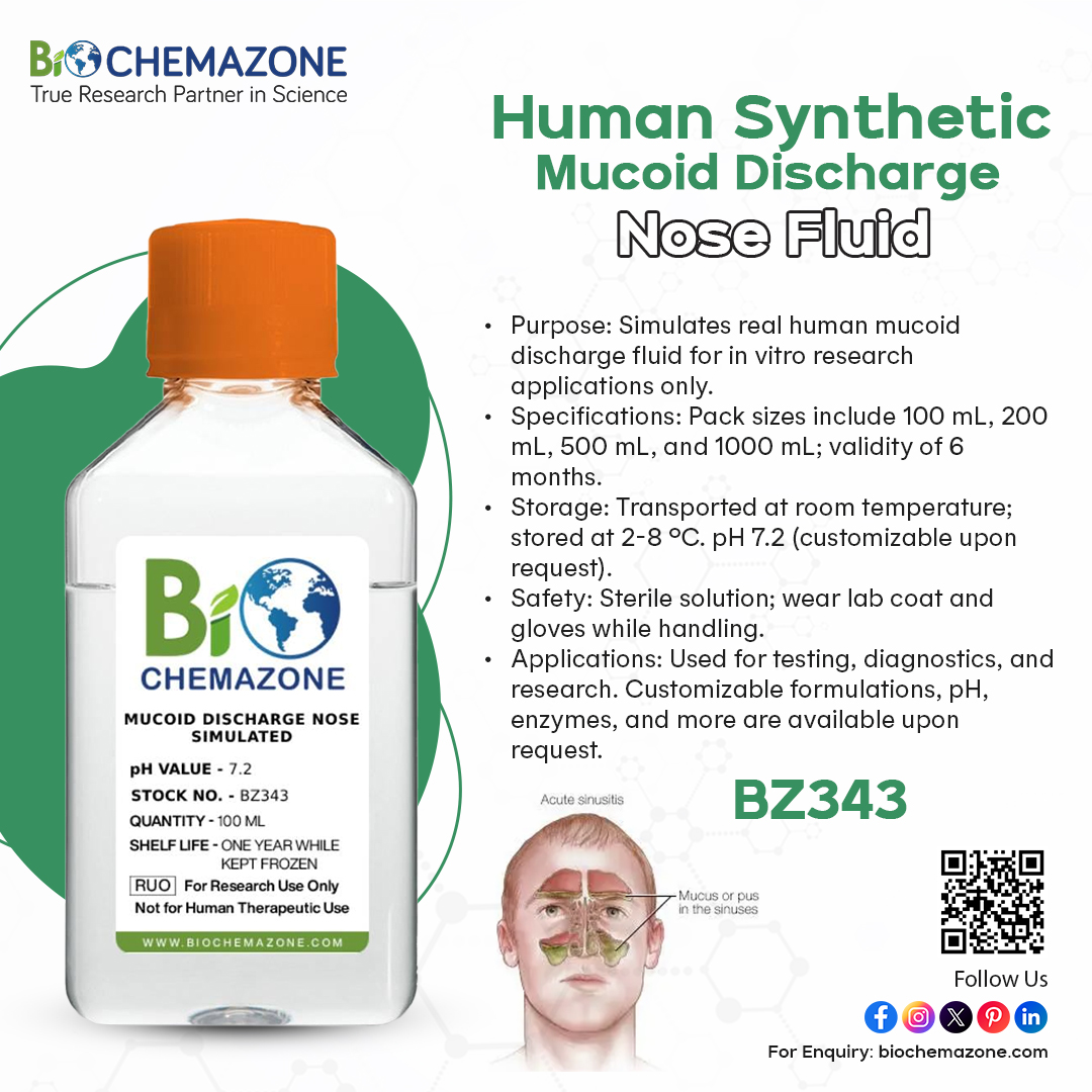 biochemazone's tweet image. Take respiratory research further with Biochemazone&apos;s Artificial Mucoid Nasal Discharge! Ideal for in vitro studies, device testing, &amp;amp; nasal treatment development. Learn more: biochemazone.com/product/mucoid…

#RespiratoryResearch #ArtificialFluids #InVitroTesting