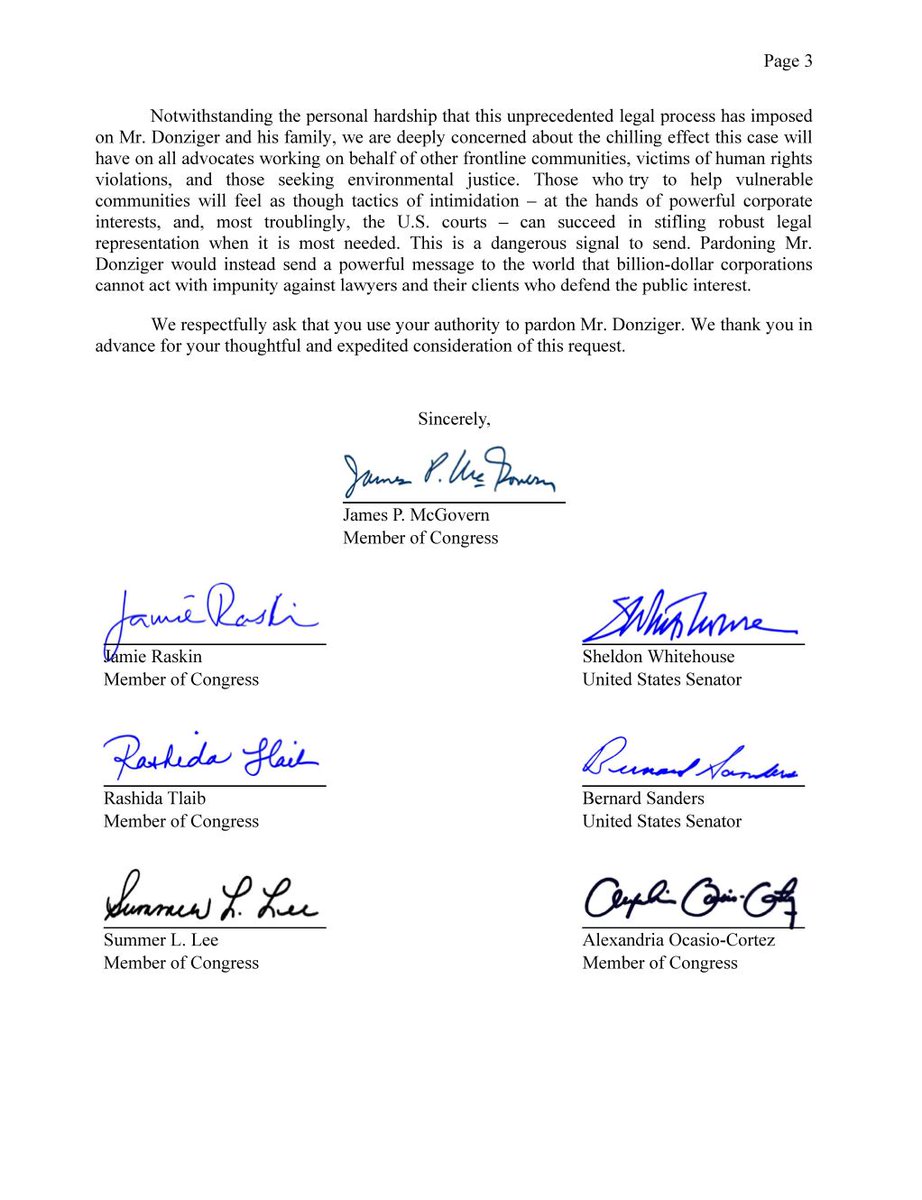 ProgIntl's tweet image. BREAKING 🇺🇸 34 members of Congress — including @BernieSanders, @RashidaTlaib and @IlhanMN — have written to @POTUS demanding a Presidential pardon for @SDonziger, America's first corporate political prisoner.