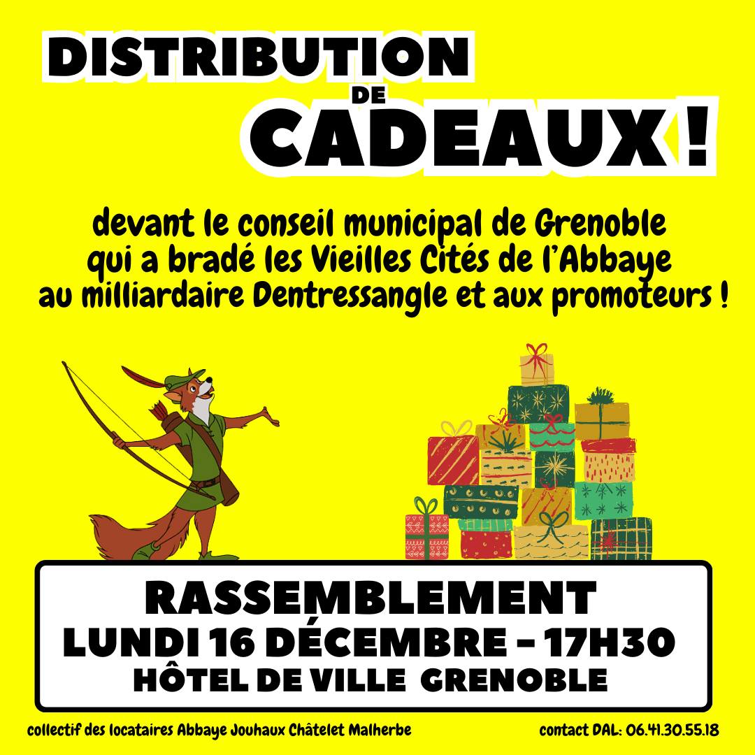 federationdal's tweet photo. A Grenoble, le maire a offert les Vieilles Cités de l’Abbaye au milliardaire Dentressangle
En réponse, les collectifs de locataires et @DAL_Isere organisent le 16/12 une distribution de cadeaux devant le Conseil Municipal
Luttons contre les spéculateurs!!
https://t.co/xHLn1LV6Cm https://t.co/FXM9vl0gfW