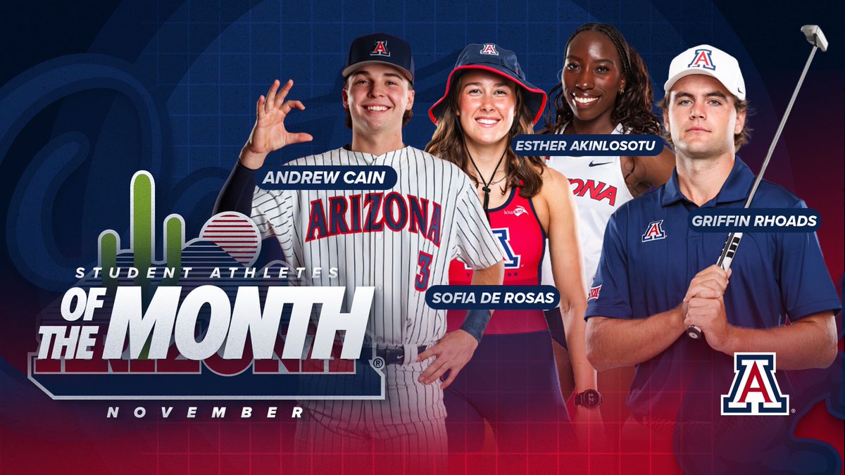CATSAcademics's tweet photo. Congrats to our November Student-Athletes of the Month! Your hard work and commitment are truly inspiring. Proud of you! 🙌📚

Esther Akinlosotu @ArizonaTrack 
Andrew Cain @ArizonaBaseball 
Sofia De Rosas @aztriathlon 
Griffin Rhoads @ArizonaMGolf 

#CATSAcademics #SATM https://t.co/SWBudJbHad