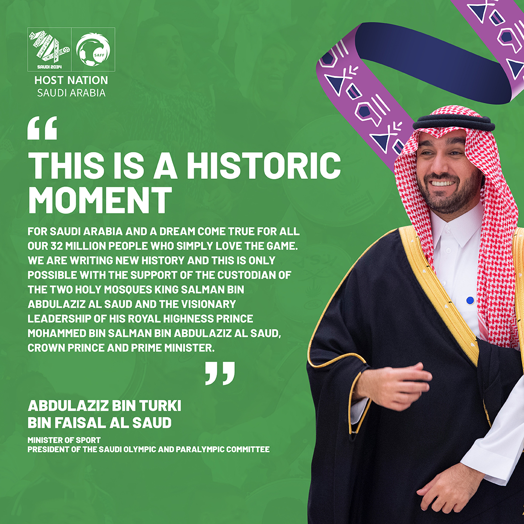 Saudi Arabia FIFA World Cup 2034™️ (@saudi2034) on Twitter photo With the support of our leadership and guidance of HRH Minister of Sport <a href="/AbdulazizTF/">عبدالعزيز بن تركي الفيصل</a>, Saudi Arabia has proudly become the global destination for sport.
#WelcomeToSaudi34
#Saudi34 With the support of our leadership and guidance of HRH Minister of Sport <a href="/AbdulazizTF/">عبدالعزيز بن تركي الفيصل</a>, Saudi Arabia has proudly become the global destination for sport.
#WelcomeToSaudi34
#Saudi34