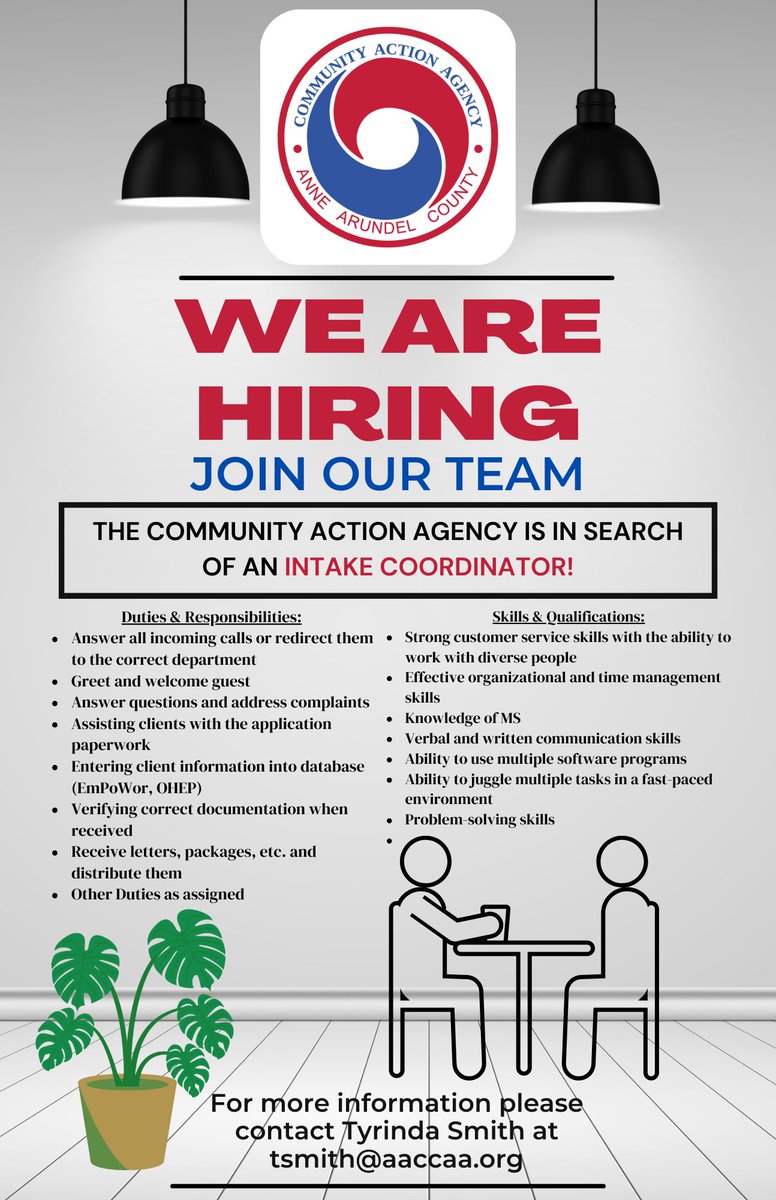 CAAAAC5's tweet photo. Do you love helping people? We are looking to fill two full-time positions at the Anne Arundel County Community Action Agency! The Energy Assistance Program is looking for a Client Services Representative, and we are also looking for an Intake Coordinator to work in Reception! https://t.co/2LTb4ij8sM