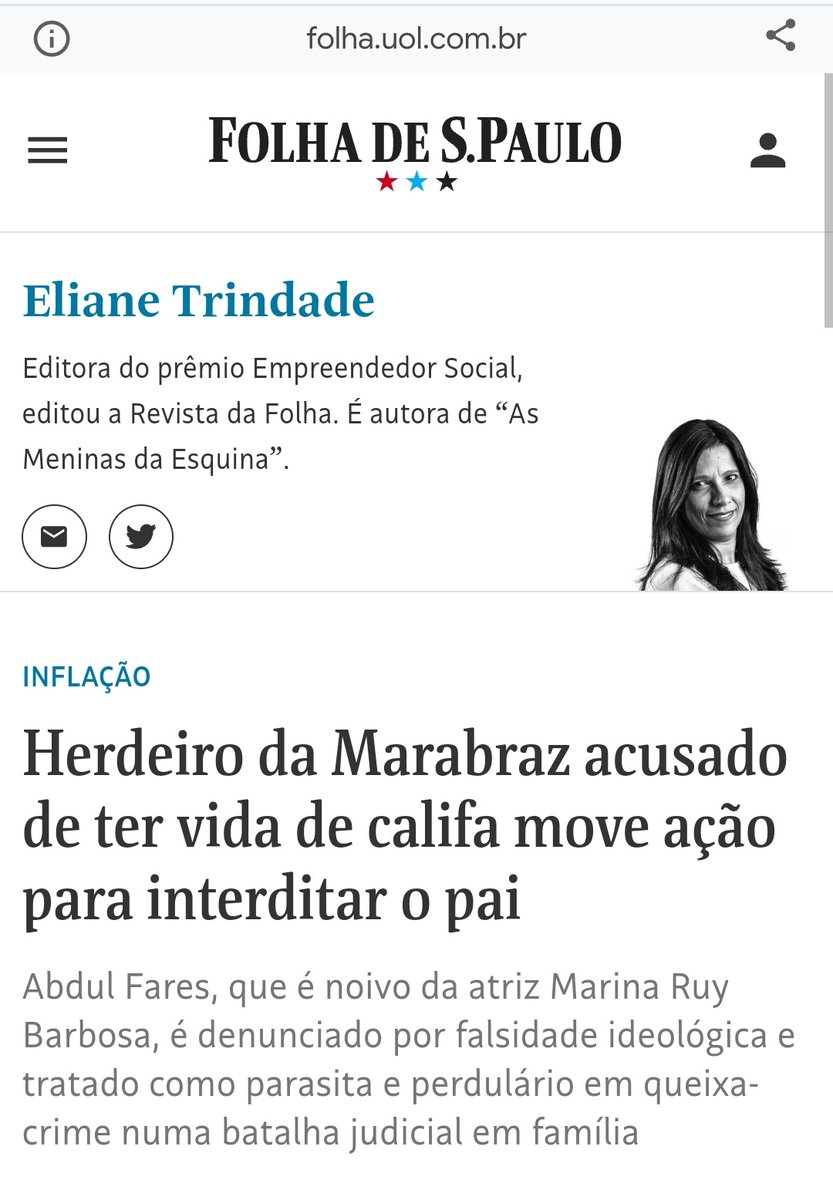 DanPimpao's tweet photo. Eita, gente! Saiu essa matéria hoje na Folha de São Paulo sobre Abdul Fares, noivo da atriz Marina Ruy Barbosa. 

Abdul é um dos herdeiros da rede de varejo Marabraz e está tentando interditar o próprio pai. Ele alega que Jamel Fares sofre de problemas graves de saúde como depressão profunda, dependência de medicamentos controlados e cardiopatia severa.

No entanto, seu pai negou veementemente as acusações e disse que a ação é um ataque pessoal motivado por interesses financeiros e está acusando o filho de falsidade ideológica, inclusive o considera ingrato e parasita. 

Ao que parece esse conflito surgiu porque os fundadores desse império se arrependeram amargamente de ter transferido boa parte da holding para os herdeiros, devido os gastos exorbitantes que tem tido ostentando uma vida de luxo e por isso estão tentando recuperá-la.

Segundo a defesa de Jamel, seu filho Abdul gastou quase 23 milhões em despesas pessoais nos últimos dois anos, incluindo viagens de jatinho e presentes caros para a noiva, Marina Ruy Barbosa, como o anel avaliado em 6 milhões.

Pelo visto essa será uma longa novela com muitas batalhas judiciais, né?! Xiiiiiii...