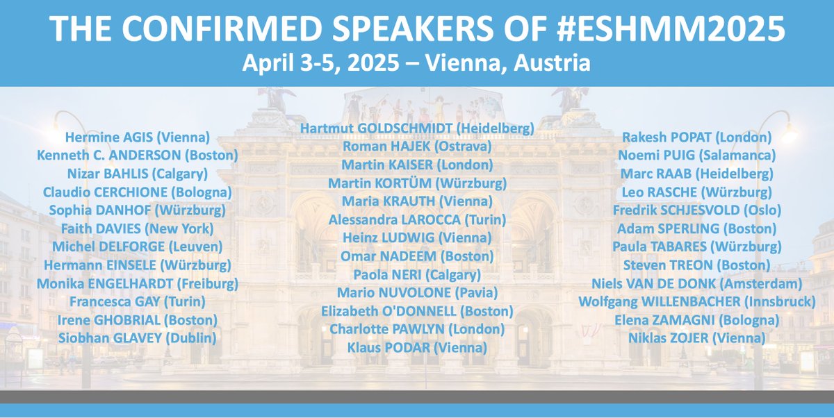 ESH (Haematology) (@eshaematology) on Twitter photo 📣 #ESHMM2025 MEET THE CONFIRMED SPEAKERS TO DATE!
Register & submit your abstract here ➡ bit.ly/3THZibM
5th How to Diagnose & Treat MULTIPLE #MYELOMA
🗓️ April 3-5, 2025 in Vienna 🇦🇹
Chairs: <a href="/H_Einsele/">Prof. Dr. Hermann Einsele</a>, Maria Krauth, <a href="/mvmateos/">marivi mateos</a>, <a href="/OmarNadeemMD/">Omar Nadeem</a>
#ESHCONFERENCES #MMsm 📣 #ESHMM2025 MEET THE CONFIRMED SPEAKERS TO DATE!
Register & submit your abstract here ➡ bit.ly/3THZibM
5th How to Diagnose & Treat MULTIPLE #MYELOMA
🗓️ April 3-5, 2025 in Vienna 🇦🇹
Chairs: <a href="/H_Einsele/">Prof. Dr. Hermann Einsele</a>, Maria Krauth, <a href="/mvmateos/">marivi mateos</a>, <a href="/OmarNadeemMD/">Omar Nadeem</a>
#ESHCONFERENCES #MMsm