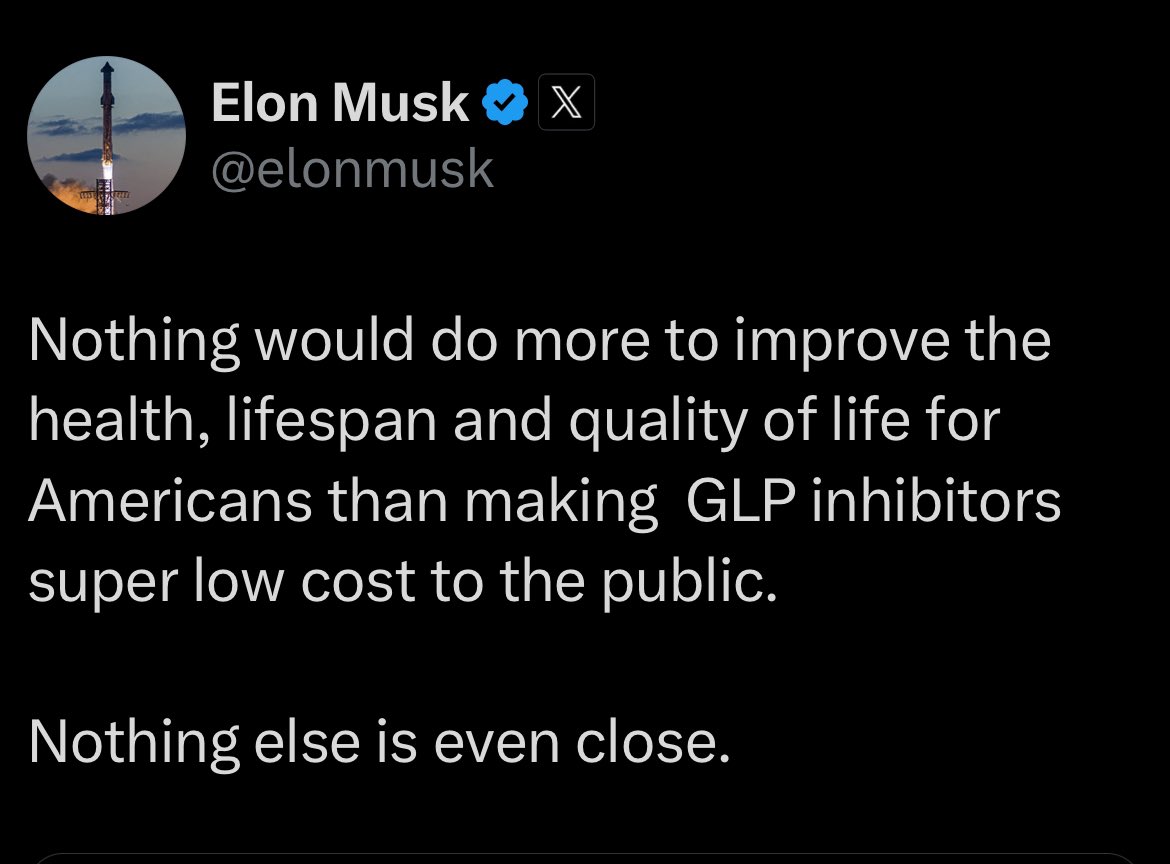 gailalfaratx's tweet image. Elon Musk is correct, 40% of Americans suffer from obesity and 9% have a BMI over 40. This is super dangerous for our health as a nation. This needs to be fixed.

GLP-1 receptor agonists are way too high priced for most of the people that need them

America 🇺🇸🇺🇸