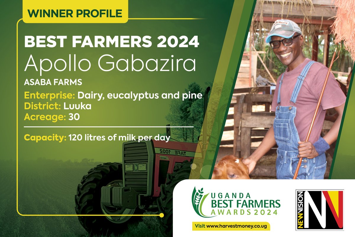 newvisionwire's tweet photo. #BestFarmers2024 | Regional Winner East
Apollo Gabazira turns family farm into a sustainable hub! Apollo Gabazira transforms his family's 40+ year farm into a thriving dairy, agro-tourism, and value-addition hub. 

Sponsored by @NLinUganda | @dfcugroup | @KLM | #KoudijsNutritionBV