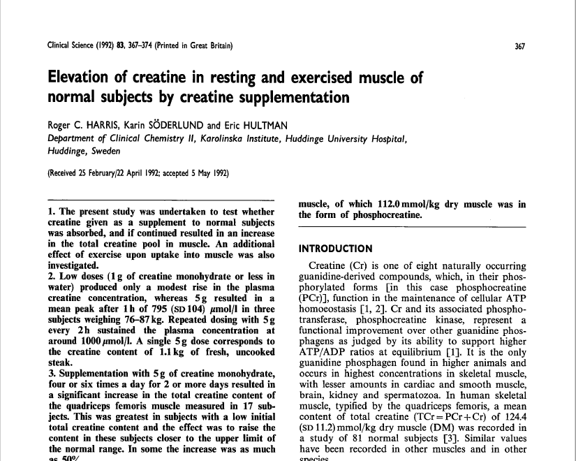 PrimaryCarePAC's tweet photo. The 1992 Harris et al. study on creatine supplementation is a landmark in exercise science! Let’s break down why "Elevation of creatine in resting and exercised muscle" is a must-read for anyone in sports physiology or metabolism research. 🧵👇 #CreatineScience https://t.co/WYRw0LteQx