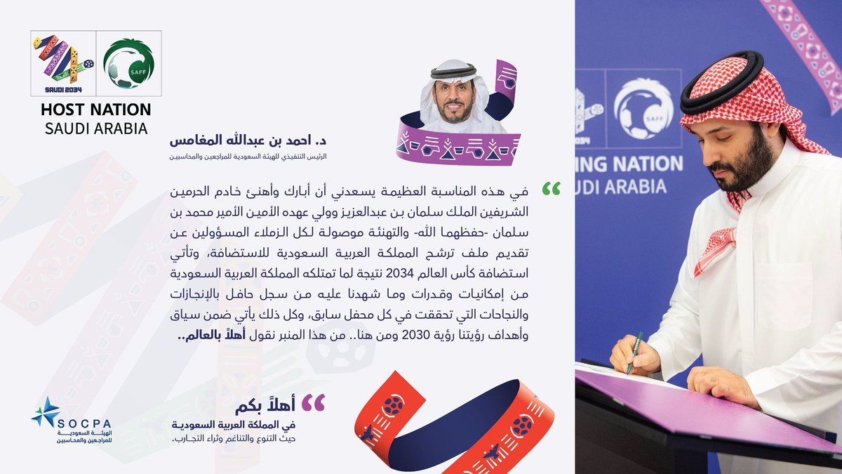 أبارك لخادم الحرمين الشريفين وولي عهده -حفظهما الله- ولنا جميعًا فوزنا باستضافة #كأس_العالم_في_السعودية 
ونقول #أهلاً_بالعالم في نسخة غير مسبوقة.